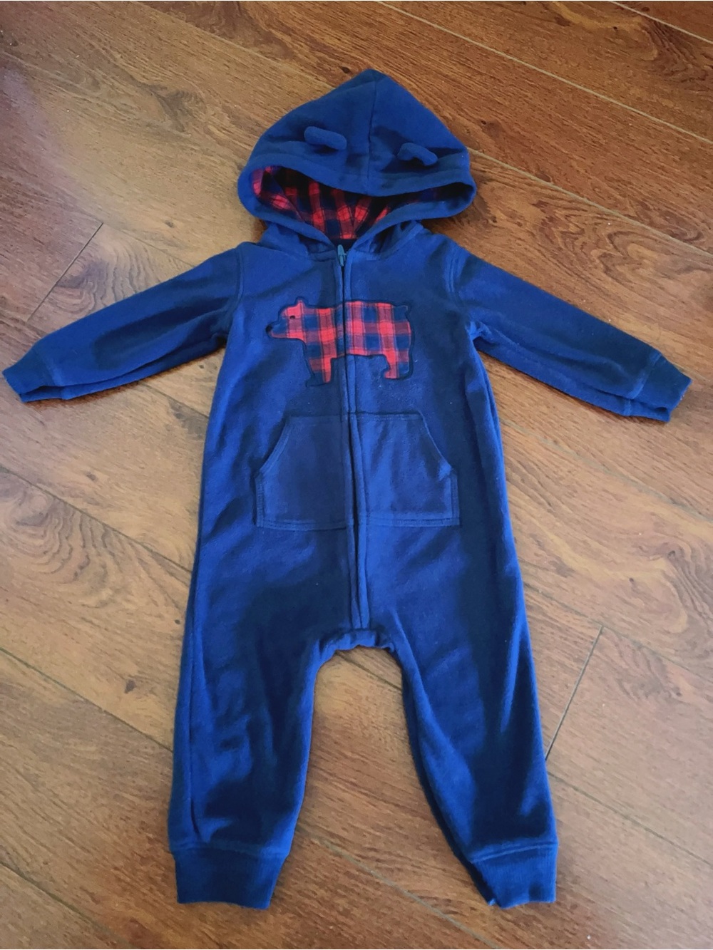 Carter’s 12M Navy Fleece Bear Hoodie Romper 🐻 Buffalo Plaid One Piece